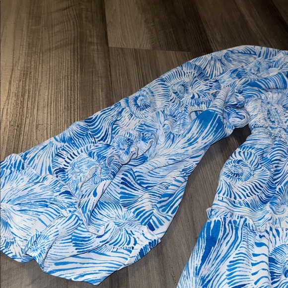 NEW Chico's $149 Chiffon Bell Sleeve Dress 1 blue and white seashells 6 smocked - Picture 9 of 11